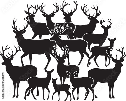 Black silhouettes of deer and bucks in various poses