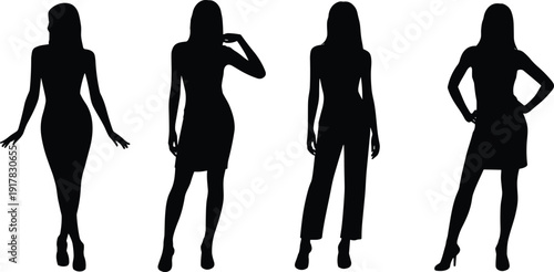 Fashion women silhouettes standing poses collection, stylish female figures isolated, beauty elegance lifestyle model outfit trendy people illustration concept set