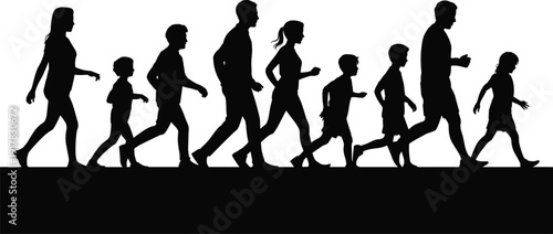 Family walking silhouettes together, parents children outdoor lifestyle concept, healthy activity movement bonding happiness people fitness community illustration set