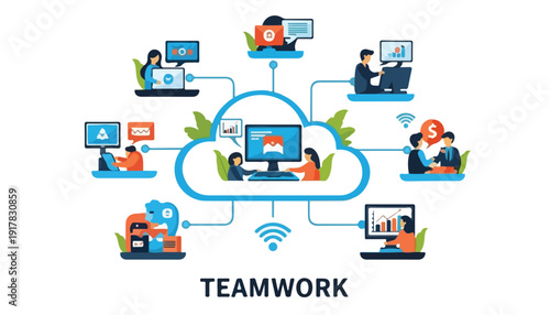 A detailed illustration of people collaborating and sharing data through a cloud computing network, emphasizing teamwork and digital connectivity.