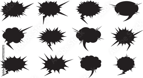 Collection of black speech bubbles with spiky effects isolated