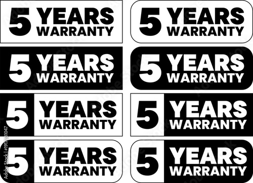 Eight black and white warranty logo variations in rectangular styles for five years contracts