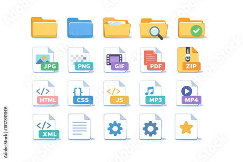 Flat File Type Icons Set - JPG PNG GIF PDF ZIP HTML CSS JS MP3 MP4 XML Folder Gear Star