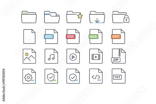 Line File Icons Set - Folder Document PDF DOC XLS PPT ZIP TXT Music Video Image Gear Shield Check Code