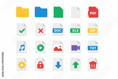 File Type Icons Set - PDF DOC XLS ZIP TXT Music Video Image Upload Download Check Trash Lock Gear