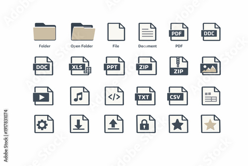Modern flat file and folder icons set with DOC, PDF, XLS, PPT, ZIP, CSV and media symbols. Clean vector collection for document management and interface design.