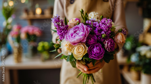 A person in a brown apron holds a bouquet of purple and pink flowers