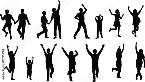 Happy people silhouettes jumping dancing celebration poses, joy excitement lifestyle concept, active youth fun energy movement illustration isolated collection set