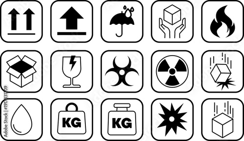 Grid of black and white packaging icons that show different handling instructions and warnings