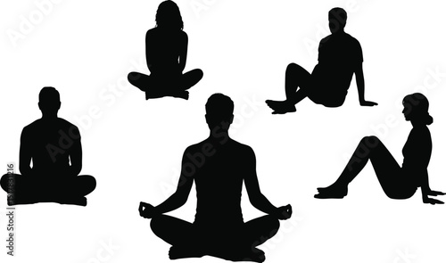 Meditation people silhouettes yoga sitting poses collection, mindfulness relaxation wellness concept, healthy lifestyle calm balance fitness illustration isolated set