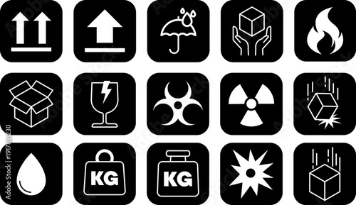 Set of white on black packaging icons showing symbols for handling and safety
