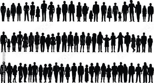 Large diverse people silhouettes standing together, community unity concept, crowd population society teamwork social diversity human group illustration collection