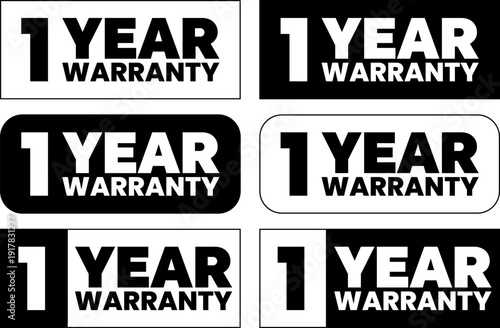 Set of black and white warranty labels in different shapes showing one year of warranty