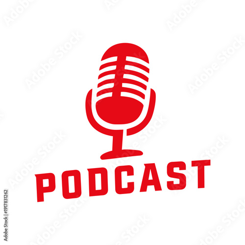 A red graphic logo featuring a vintage-style microphone icon above the word "PODCAST" in bold, stylized red letters on a white background.