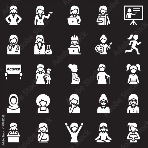 Women and Girls Diversity Icon Set. Female Professions, Life Stages, and Activities. Vector Glyph Illustration.