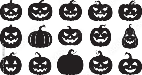 Halloween pumpkins with various spooky faces and shapes icons