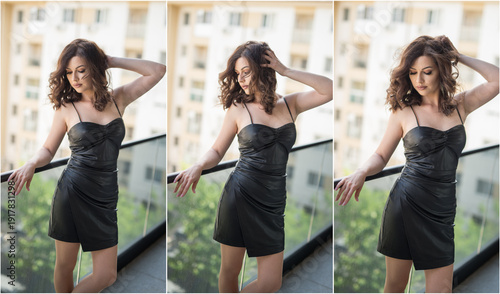 Woman in black dress poses gracefully on a balcony. Natural light and urban backdrop evoke quiet sophistication. A woman in a fitted black dress poses on a balcony with her arms raised. Soft daylight 