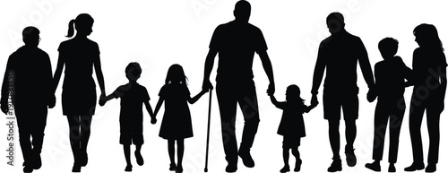 Multi generation family silhouettes walking together, grandparents parents children unity concept, support love lifestyle bonding community illustration isolated set