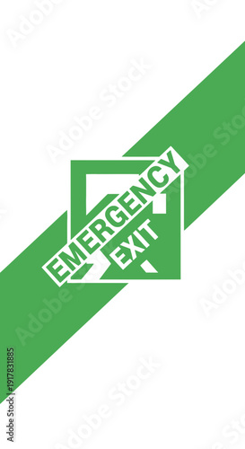 Emergency Exit Sign: Safety Indicator Against Green Diagonal Striped Background