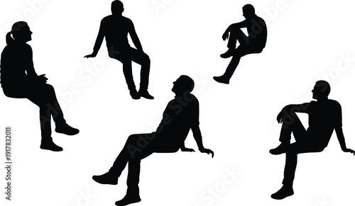 People sitting silhouettes collection, casual relaxed postures, human body language poses, isolated black figures, seating position reference illustration, stock vector