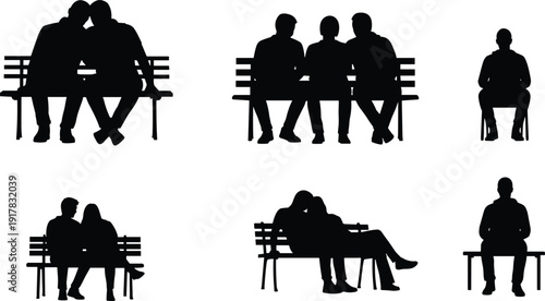 People sitting on park benches silhouettes, couples friends and individuals resting together, social interaction concept isolated on white background vector illustration