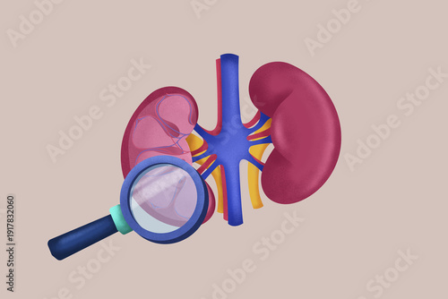 Detailed kidney medical illustration with magnifying glass