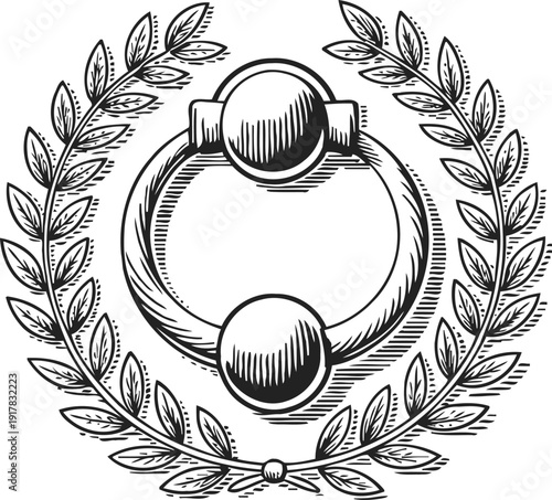 Vintage circular door knocker surrounded by laurel wreath with engraved detail