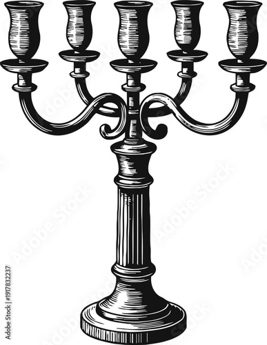 Elegant vintage five arm candelabrum illustration with ornate design and detailed engraving