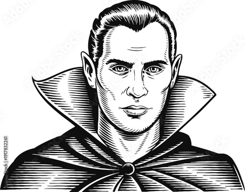 Classic vampire portrait with high collar cloak and piercing gaze in black and white illustration