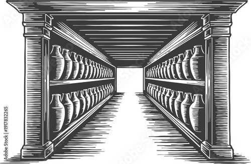 Ancient pottery storage room with rows of vases on shelves between columns in vintage engraving
