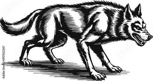 Aggressive snarling wolf illustration in black and white vintage