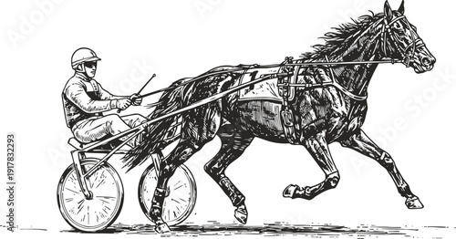Harness racing horse and driver in sulky cart illustration equestrian, sports, competition, speed