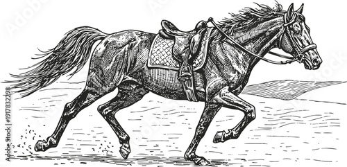 running horse with saddle detailed vintage engraving illustration of galloping equine animal