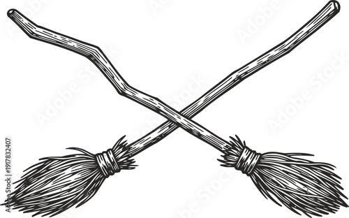 Crossed witch brooms with wooden handles hand drawn magic flying broomsticks illustration for halloween or fantasy
