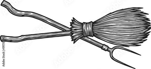 Classic witch broom and pitchfork illustration in black and white line art for halloween