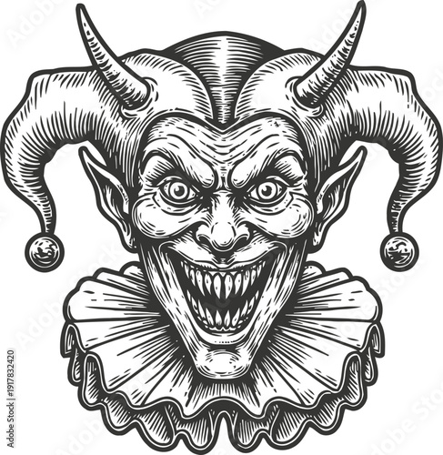 Creepy jester mask with sinister smile and pointed horns in detailed black and white line art