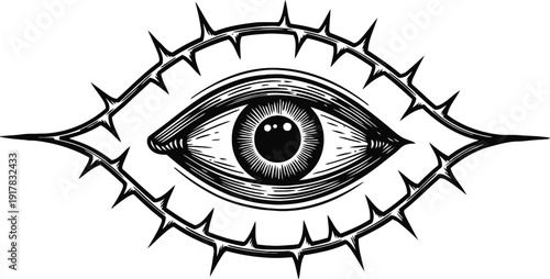 Eye with thorny outline black and white line art illustration symbolizing protection and vigilance