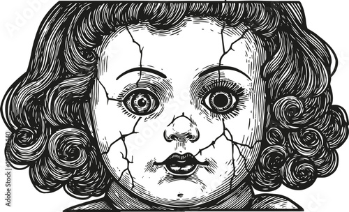 Vintage cracked doll face illustration with curly hair and vacant eyes expression