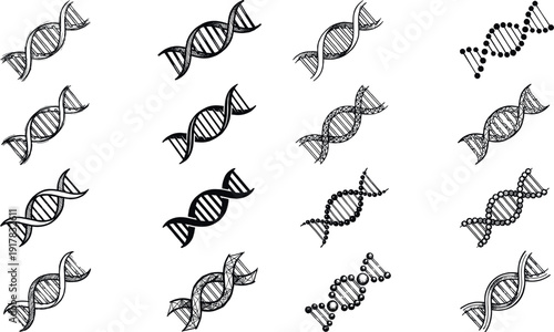 Collection of minimalist DNA double helix icons and vector illustrations featuring various line art styles for genetics biotechnology medical research science and genome sequencing.