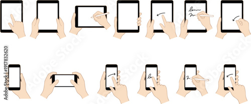 Collection of vector illustrations featuring hands holding smartphones and tablets with various touch gestures scrolling swiping and writing with a stylus for technology design.