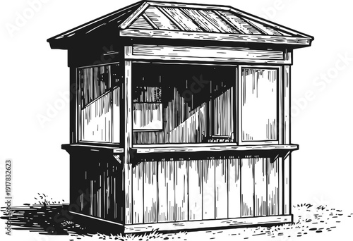 Wooden kiosk booth with roof, open window, rustic small cabin, vintage outdoor market stand