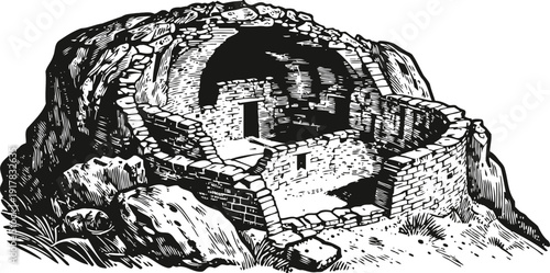 Ancient stone cave ruins with circular wall and entrance carved into rocky hillside