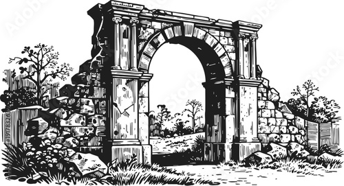 Ancient stone arch ruins in countryside landscape old historical relic with broken wall and vegetation