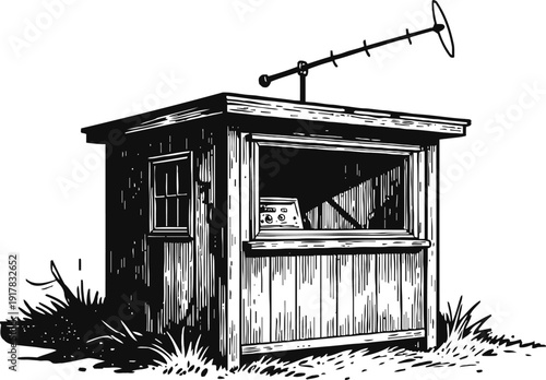 Old radio shack with antenna vintage wooden cabin broadcasting signal equipment