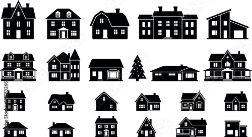 Large collection of black house silhouette icons and vector illustrations featuring various residential building styles cottage suburban homes estate and real estate property symbols.