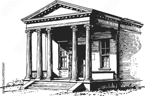 Classical building facade with columns and pediment, vintage architectural illustration