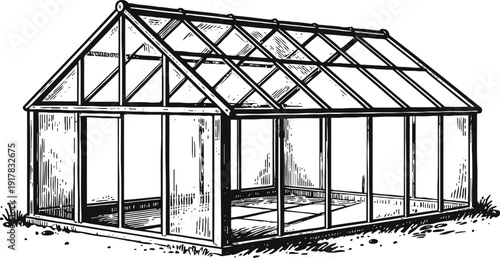illustration of a greenhouse frame with glass panels for gardening and plant cultivation