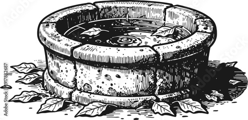 Old stone water well with leaves around vintage hand drawn countryside rustic fountain