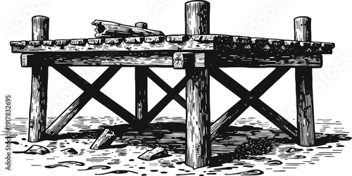 old wooden pier structure with broken planks and support beams on rocky ground