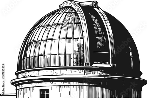 Vintage astronomical observatory dome with telescope, detailed black and white engraving